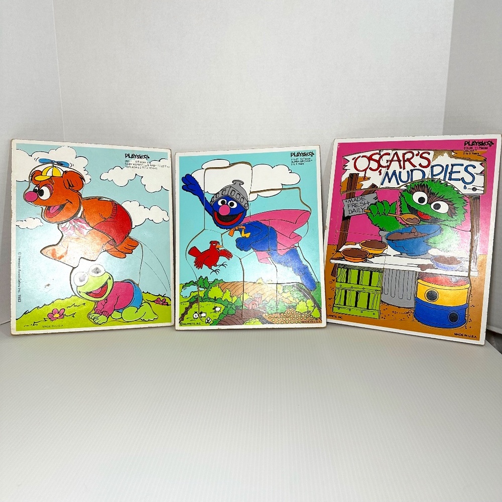 Vintage Lot of 3 Playskool Sifo Wooden puzzles Grover, Kermit & Fozzy, Oscar
